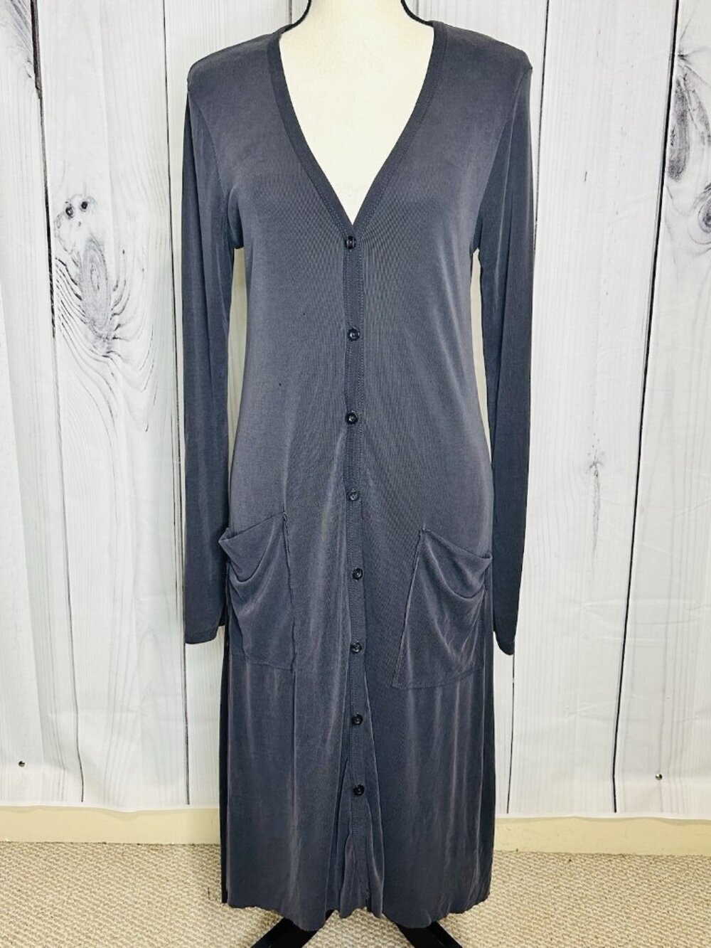 By Together Long Dress Ribbed Cardigan Button Down V-Neck Gray Size M